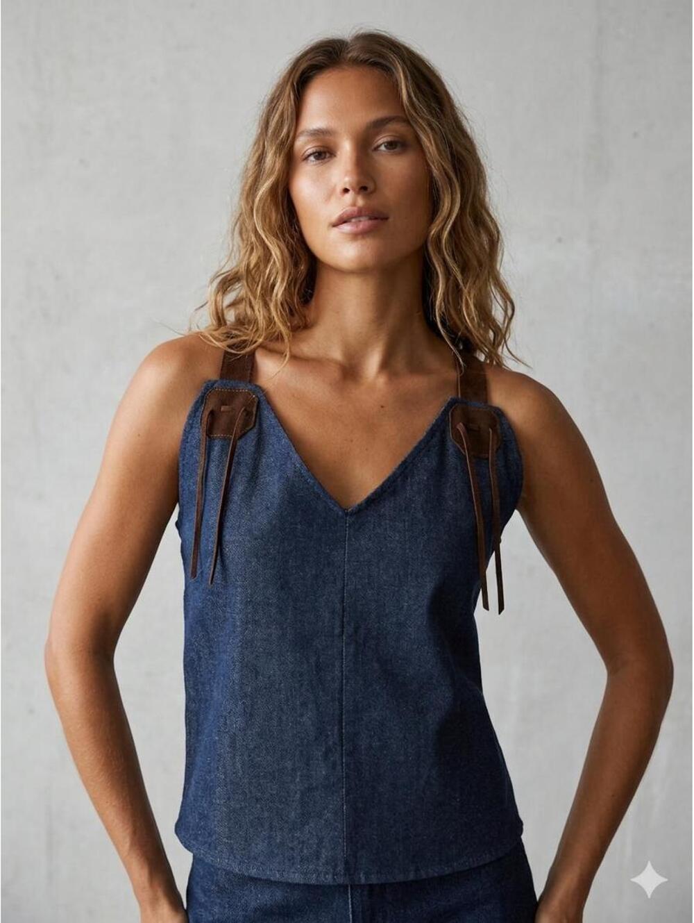 Handmade Denim Criss Cross Top with Suede Straps (Adjustable Fit)